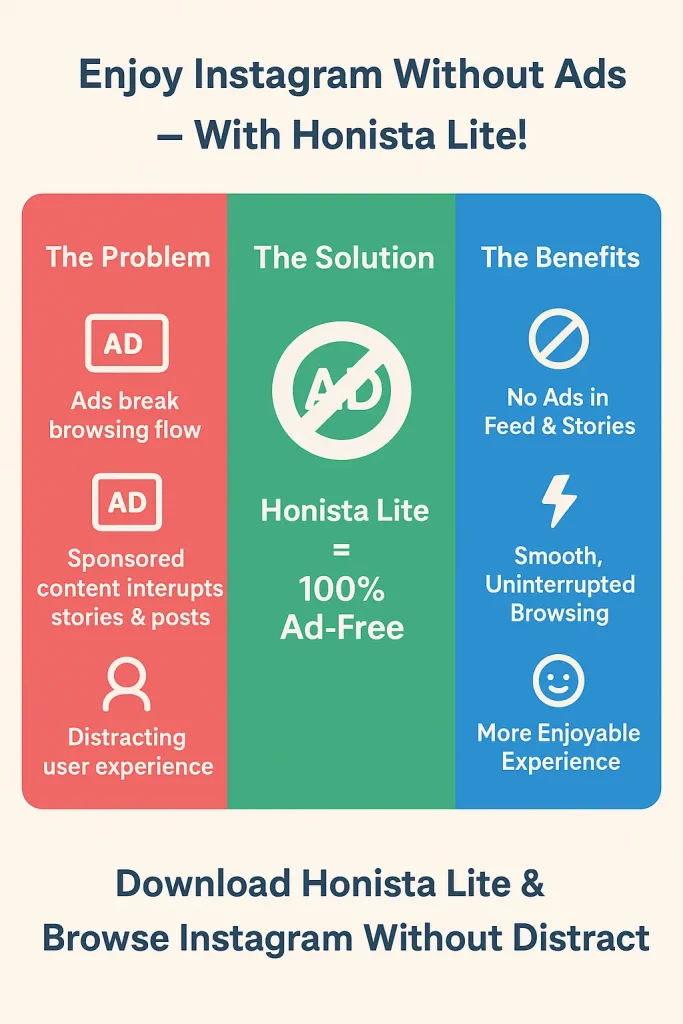 Instagram ads disturb the browsing flow, 🚫 Honista Lite removes ads completely.