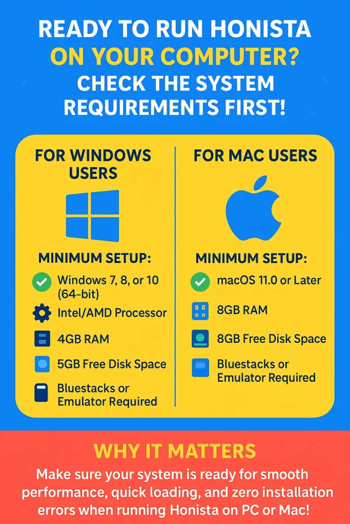 Windows 7, 8, or 10 (64-bit recommended), Minimum 4GB, macOS 11.0 or later, Minimum 8GB, Bluestacks or another emulator